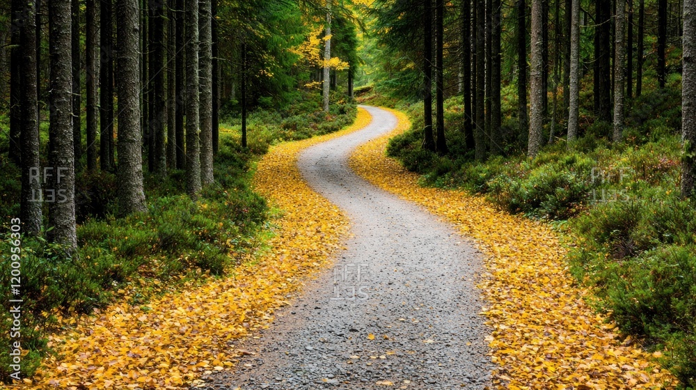 Naklejka premium Serene winding path through a forest with autumn leaves.