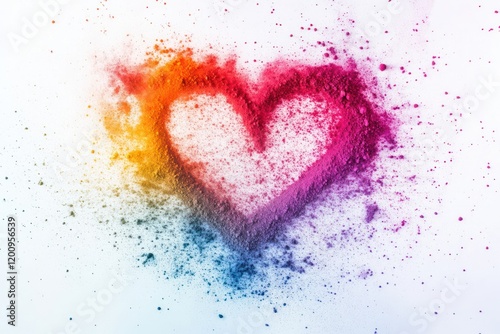 Colorful heart powder explosion on white background, love concept.