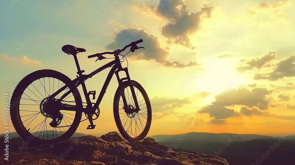 Obraz premium Bicycle Silhouette on Rocky Ledge at Sunset, Leisure rides inspire mountain bikers concept.