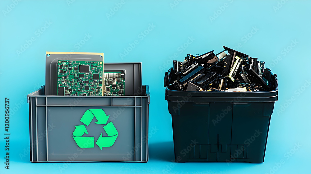 Fototapeta premium Recycling bins with old electronic components in an office setting