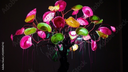 Abstract art, vibrant, colorful, illuminated, plant, bonsai, design, nature, modern, surreal, artistic, glowing leaves, dripping effect, tree, illuminated leaves, dark background,  colorful,  illumina photo