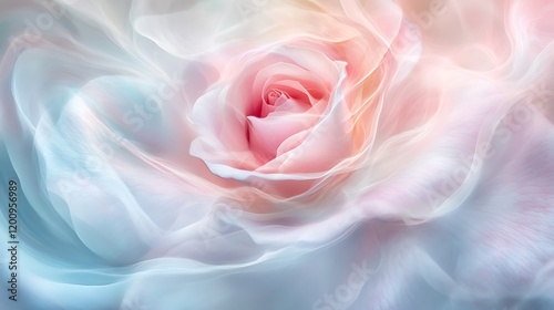 A soft swirl of pink rose petals drifting through a serene pastel background creating an ethereal effect