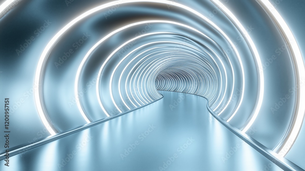 Modern futuristic tunnel with illuminated spiral lines and smooth surface pathway Modern futuristic tunnel with illuminated spiral lines and smooth surface pathway