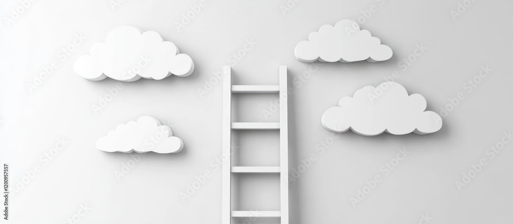 White ladder leading to white clouds on a white wall. White ladder leading to white clouds on a white wall.
