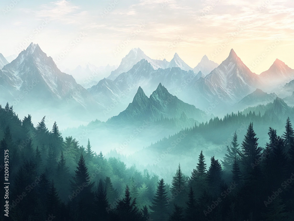 Obraz premium Tranquil Misty Mountain Landscape with Dense Green Forests