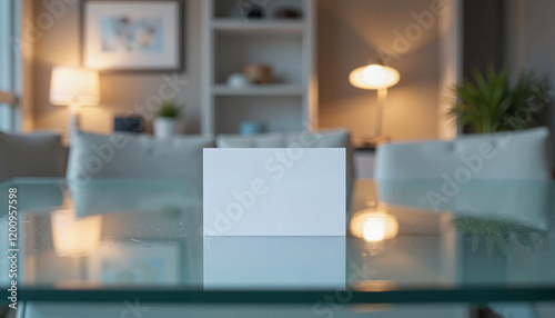 Elegant White Card Display on Glass Table in Sophisticated Living Space