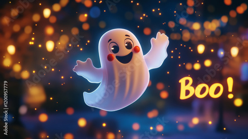 Halloween kawaii ghost with rosy cheeks and a mischievous face, floats playfully, radiating an endearing and friendly aura, saying boo. Isolated cute vector spook personage wander at holiday night photo