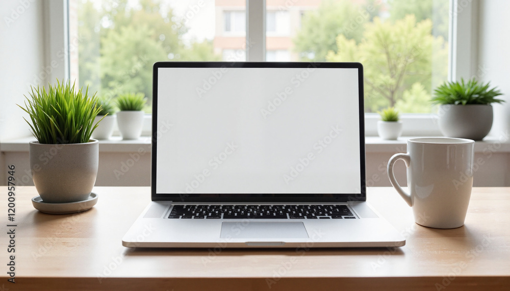 Fototapeta premium Minimalist Workspace Setup with Laptop and Plants by Window