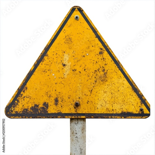 Rusty, weathered yellow triangular warning sign on a pole.