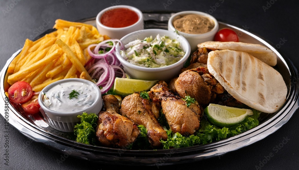 Halal food, Gyro and Chicken platter. Generated image Halal food, Gyro and Chicken platter. Generated image
