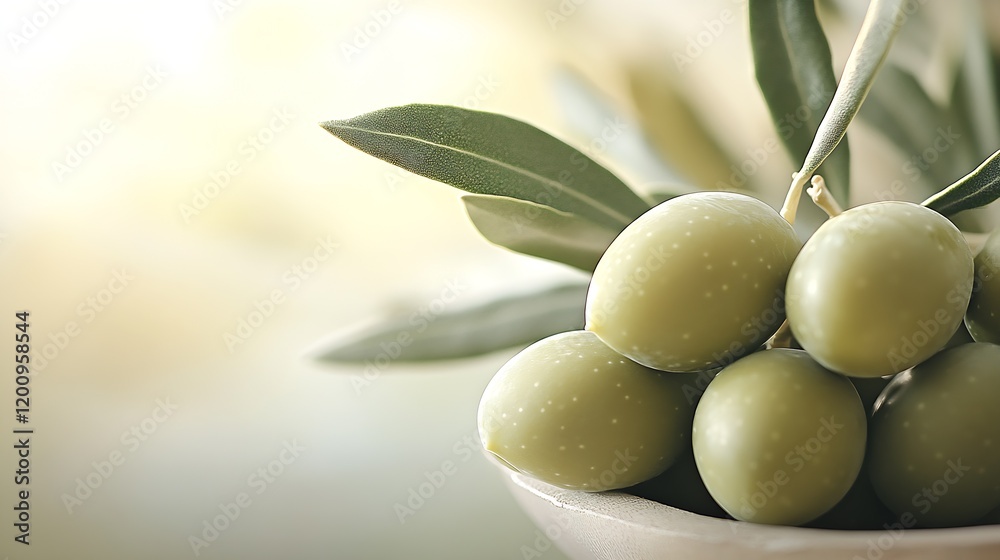 Close-up of fresh green olives with leaves in soft focus for culinary and Mediterranean themes : Generative AI