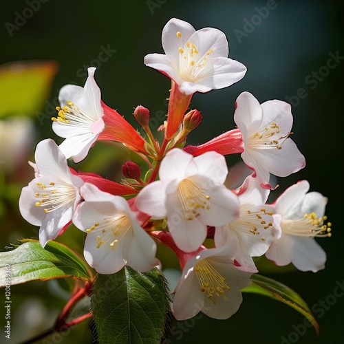 アベリアは夏に咲く花で枝先から茎が伸びていてその先に白い小さな花がたくさん咲いている photo