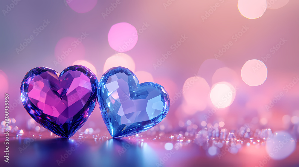 Fototapeta premium Crystal-clear purple and blue hearts in romantic lighting
