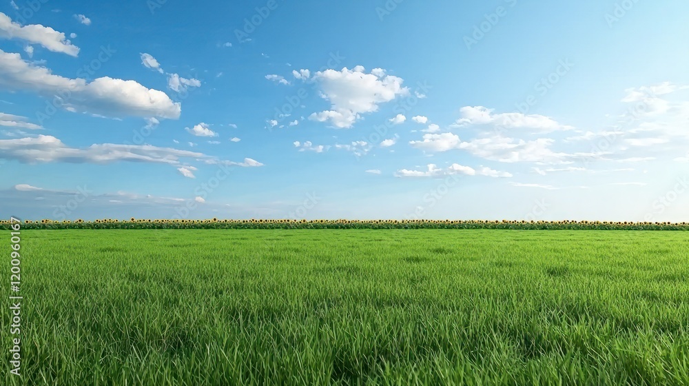 Fototapeta premium Vast Green Field Under Blue Sky