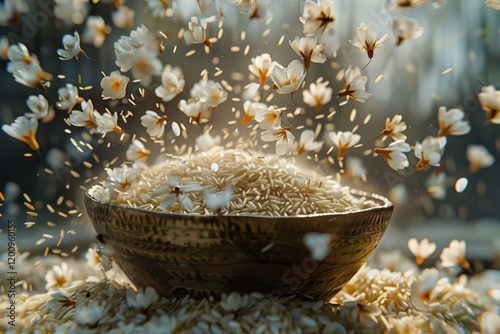 Rice grains dancing in a bowl. photo