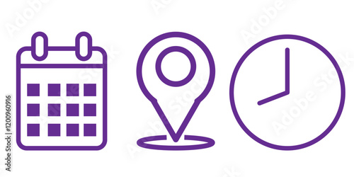 Location, Time, Date and notification icon vector. Address location pointer calendar and alarm bell icons collection.