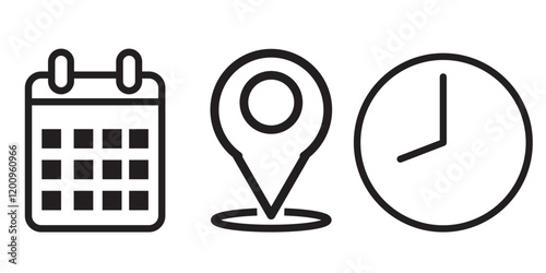 Location, Time, Date and notification icon vector. Address location pointer calendar and alarm bell icons collection.