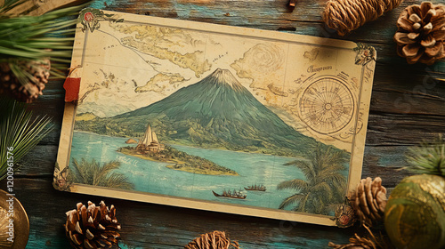 Bicol Region V of Philippines. Vector travel plate, nostalgic tin sign, retro welcome postcard or signboard. Souvenir card with Mayon Volcano, map of territory and ornaments design photo