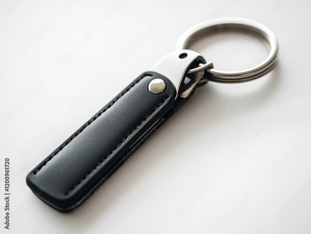Elegant Black Leather Keychain with Metal Ring on White Background Elegant Black Leather Keychain with Metal Ring on White Background