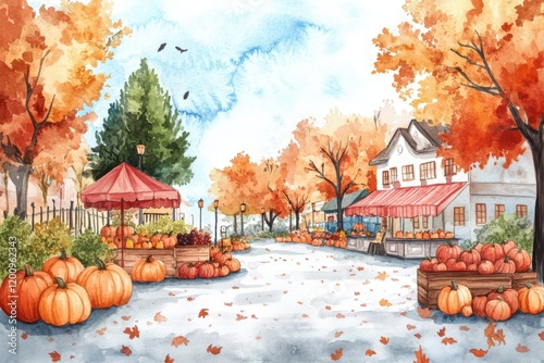 A charming autumn scene featuring vibrant orange leaves and pumpkins, capturing the essence of a cozy fall market amidst a picturesque neighborhood.
