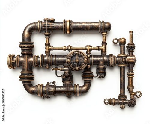 Steampunk-style pipe assembly isolated on white.