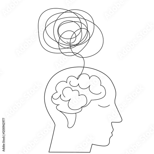 Profile of a person with a brain and thoughts. Vector illustration on the topic of psychological help in life.