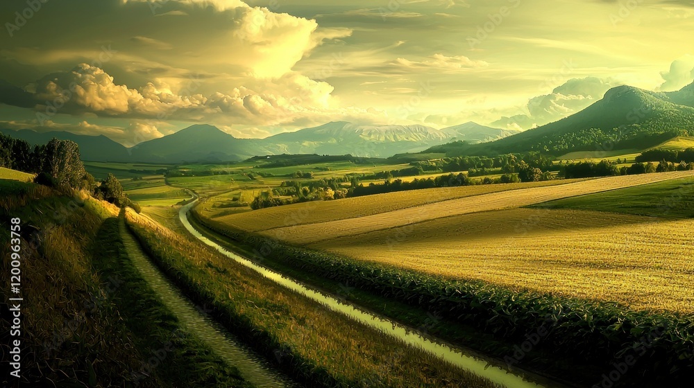 Obraz premium Serene landscape with rolling hills and a winding path.