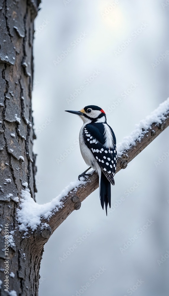 Woodpecker bird sitting on a snowy branch in winter forest environment
Woodpecker bird sitting on a snowy branch in winter forest environment