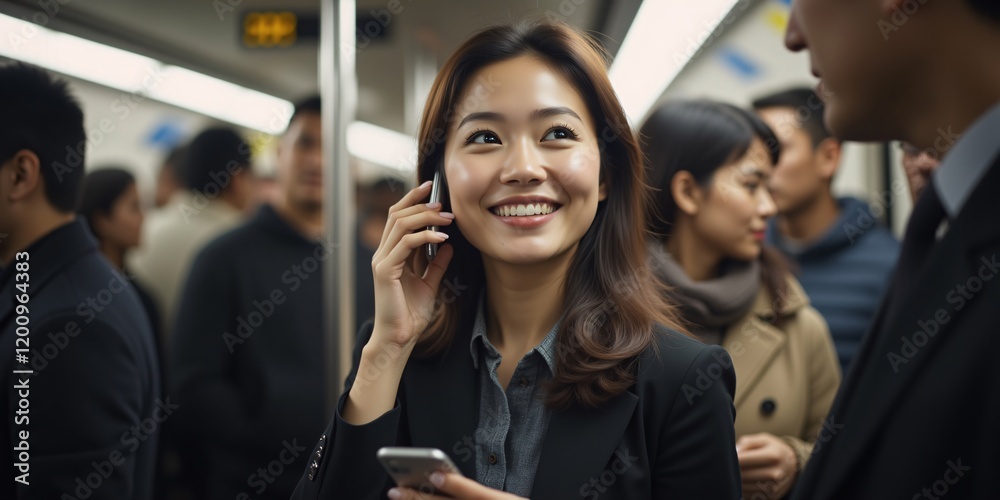 Smiling businesswoman on a busy commute, happily chatting on her phone, showcasing modern urban life. Smiling businesswoman on a busy commute, happily chatting on her phone, showcasing modern urban life.