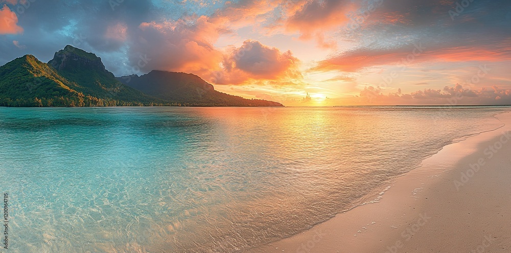 Beautiful sunset on the beach, with turquoise water, colorful clouds, and mountains Beautiful sunset on the beach, with turquoise water, colorful clouds, and mountains