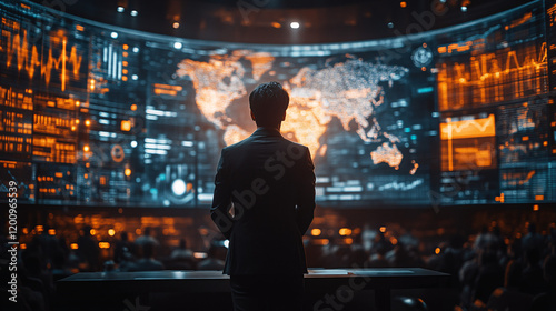 a man in a suit looking at a world map photo