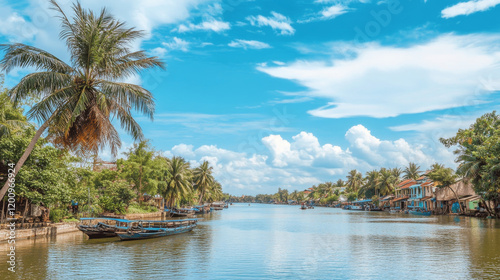 Ben Tre Vietnamese city, Vietnam territory town. Vector travel plate, vintage tin sign, retro welcome postcard or signboard. Province old card or magnet with sky, palm trees and coconuts photo