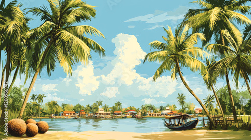 Ben Tre Vietnamese city, Vietnam territory town. Vector travel plate, vintage tin sign, retro welcome postcard or signboard. Province old card or magnet with sky, palm trees and coconuts photo