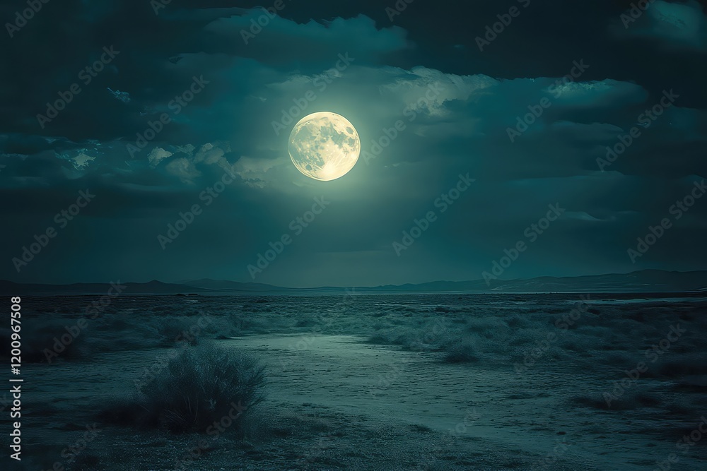A glowing full moon casting an eerie light on a desolate, open field. A glowing full moon casting an eerie light on a desolate, open field.
