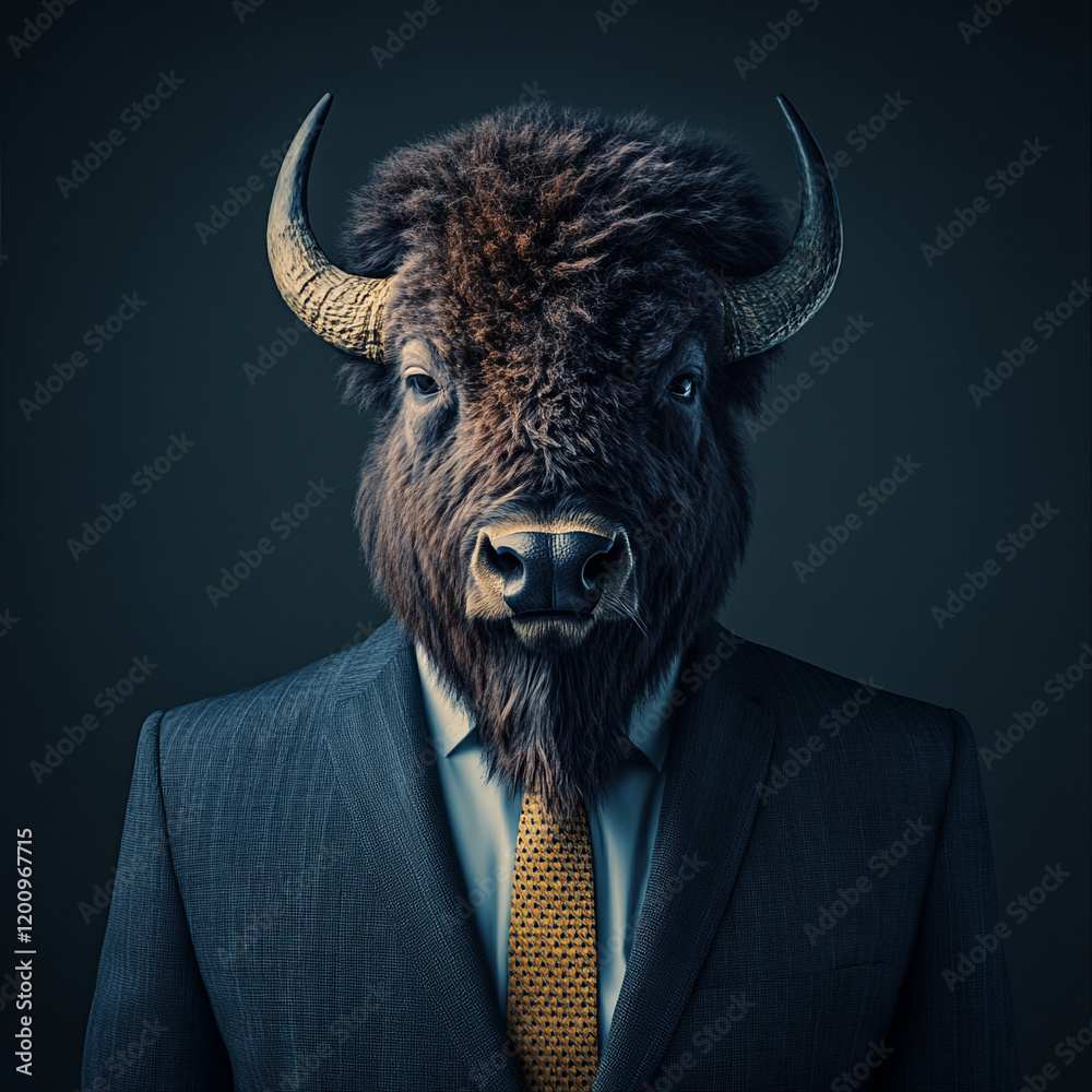 Business meeting with a bison-headed figure in a suit against a dark background at dusk Business meeting with a bison-headed figure in a suit against a dark background at dusk