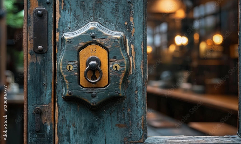 Ornate door handle, weathered wood, blurred background.