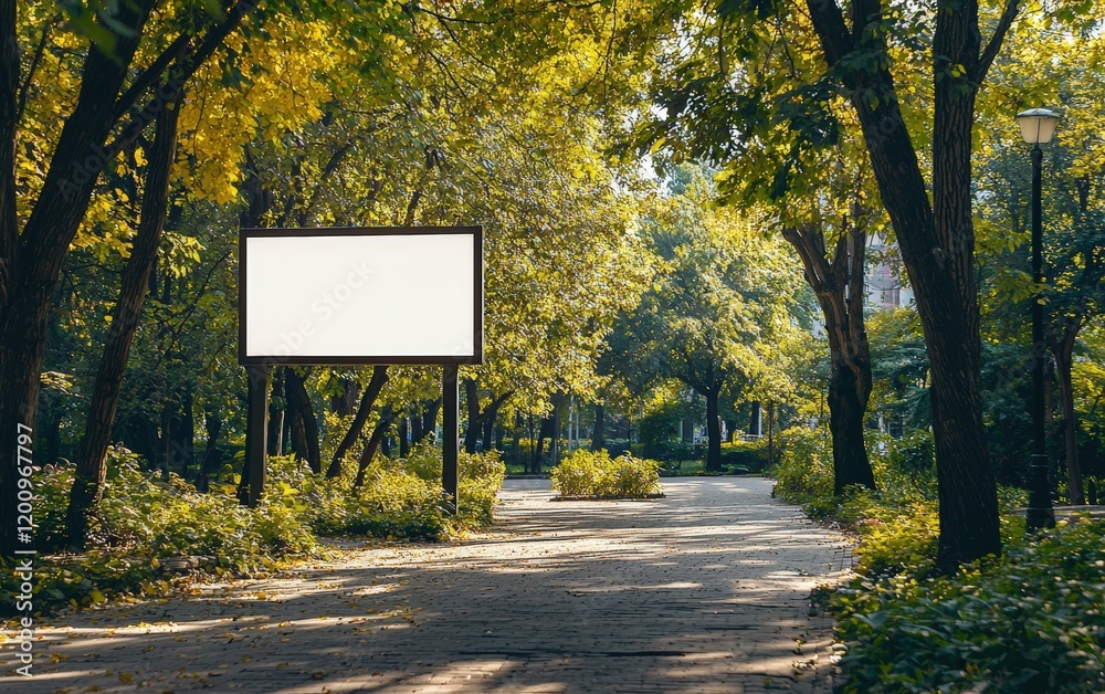A mockup of a billboard at the entrance to a city park, with a blank area for text, framed by trees and walking paths A mockup of a billboard at the entrance to a city park, with a blank area for text, framed by trees and walking paths