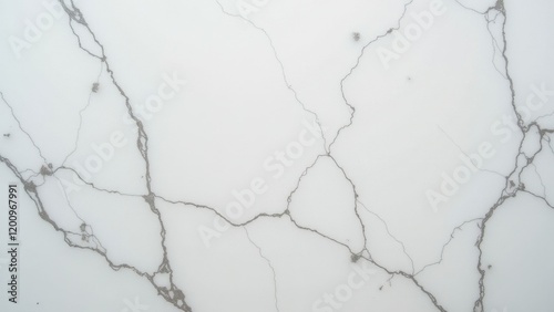 Close-up of a pristine white marble wall, showcasing intricate horizontal gray cracks of varying sizes. Smooth, glossy finish with speckled black dots adds texture to this captivating scene