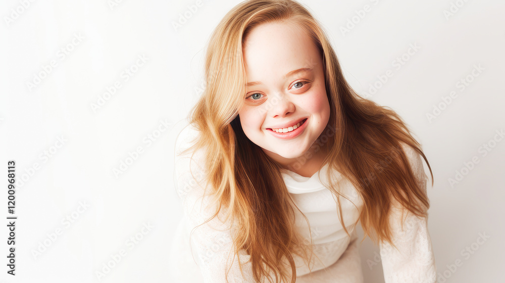 Portrait of smiling laughing woman with Down syndrome white background. Portrait of smiling laughing woman with Down syndrome white background.