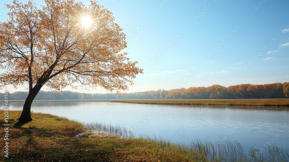 Solitary autumn tree beside a calm river under a bright sun Solitary autumn tree beside a calm river under a bright sun