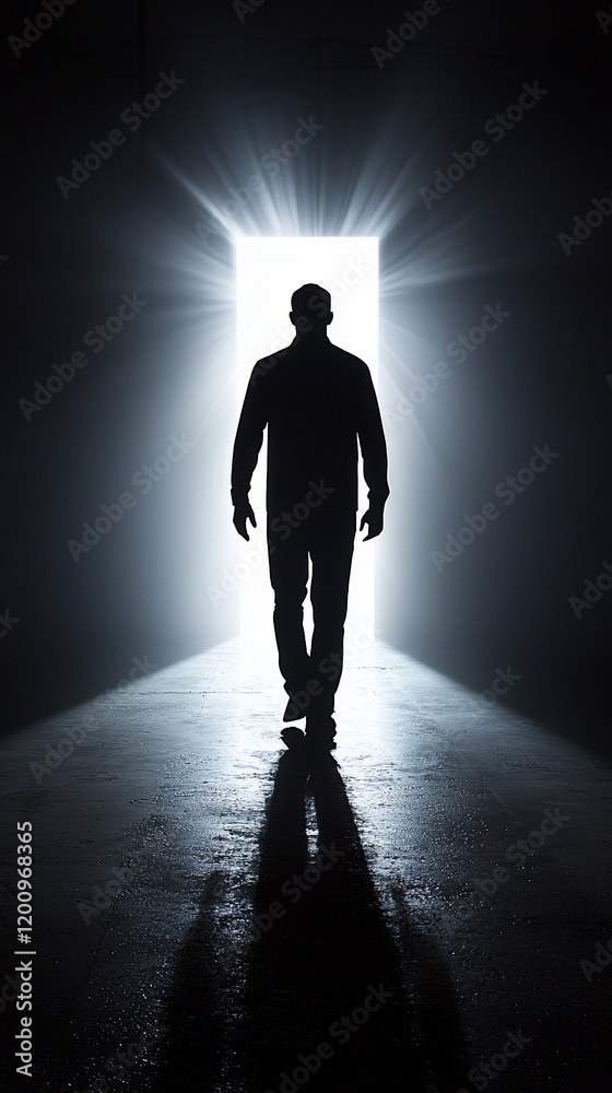 Silhouette of man walking towards bright light through doorway. Silhouette of man walking towards bright light through doorway.