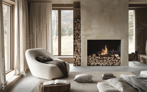 A Scandinavian-style wood-burning fireplace with a focus on the stacked logs and soft flames, captured closely photo