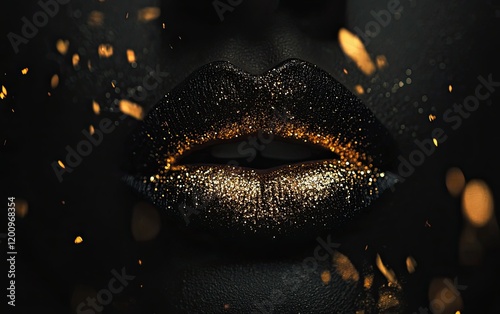 Black and gold lips with glitter, isolated on a black background, beauty fashion photography