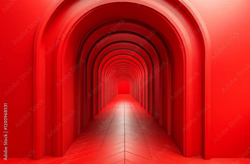 3D render of a red arched tunnel with symmetrical composition and minimalist interior design background. 3D render of a red arched tunnel with symmetrical composition and minimalist interior design background.
