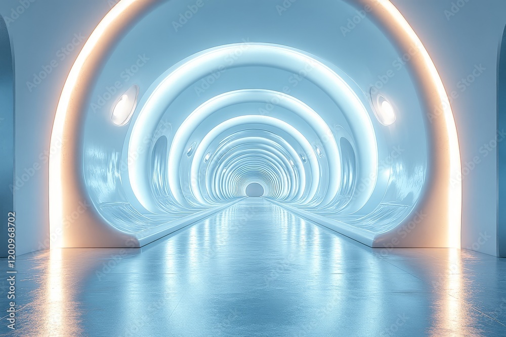 Fototapeta premium 3D render of a white, minimalistic futuristic tunnel with soft lighting and reflections, viewed from the front.