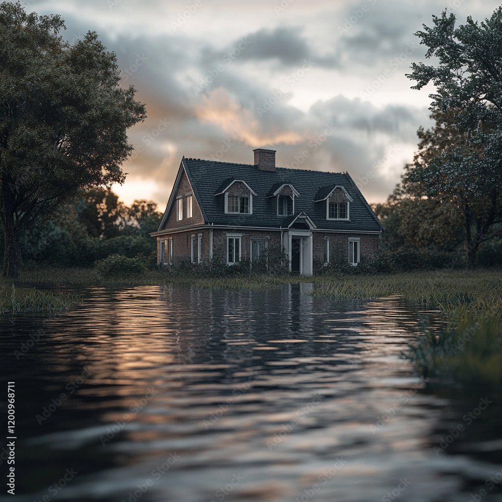Obraz premium Unique house surrounded by floodwaters during sunset with dramatic sky