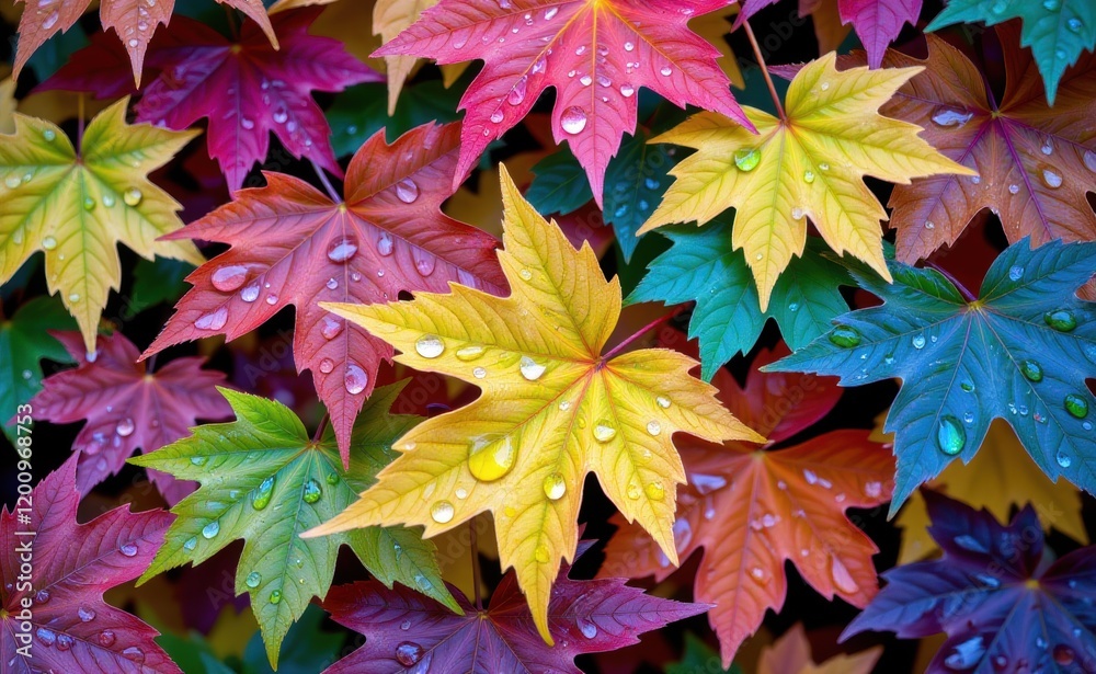 A vibrant collection of colorful autumn leaves with glistening water droplets showcasing a spectrum A vibrant collection of colorful autumn leaves with glistening water droplets showcasing a spectrum