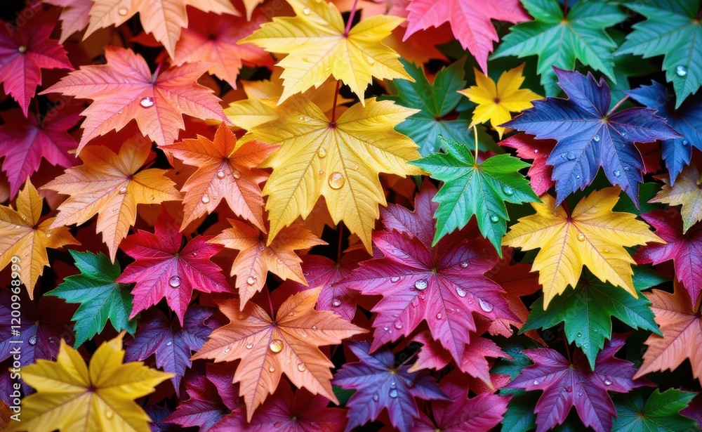 A vibrant collection of colorful autumn leaves with glistening water droplets showcasing a spectrum A vibrant collection of colorful autumn leaves with glistening water droplets showcasing a spectrum