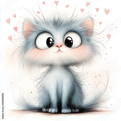 Cute fluffy gray kitten with large eyes and hearts surrounding it in a playful setting