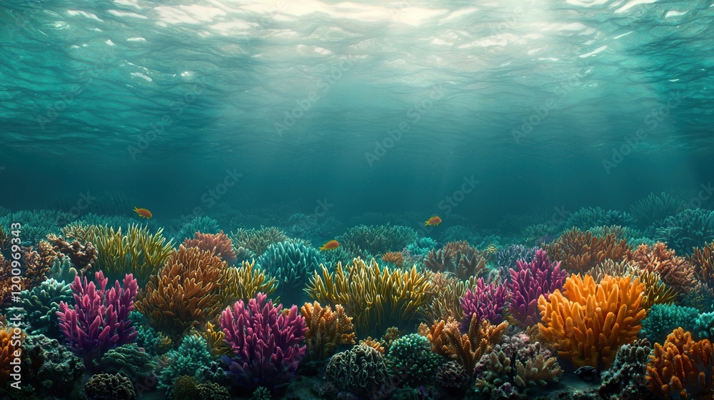 Fototapeta premium Vibrant Underwater Scene with Colorful Coral Reefs, Deep underwater scenes inspire wonder concept.